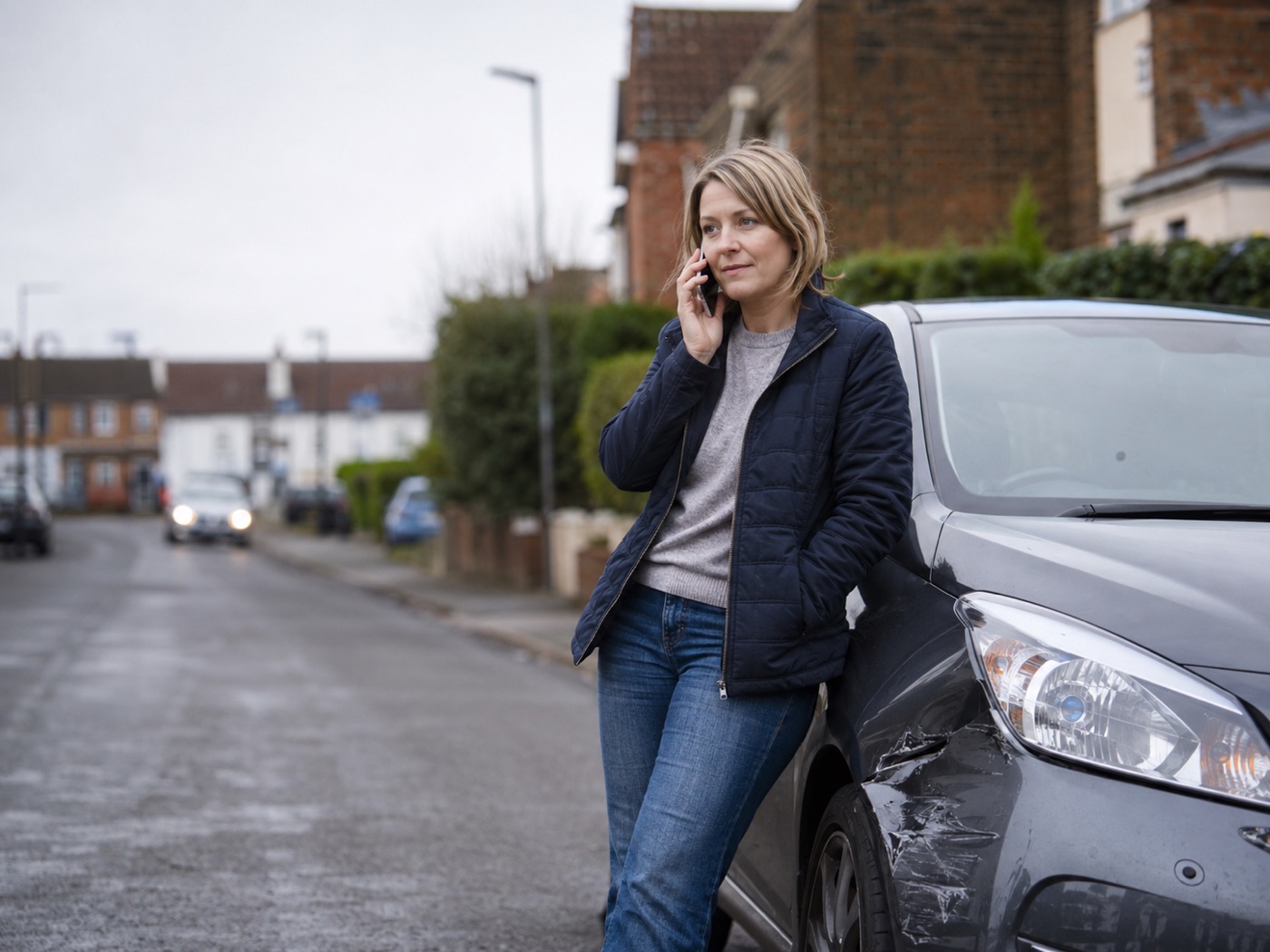 Driver calling Second Gears Accident Care after a non-fault accident, beside her damaged car on a residential street